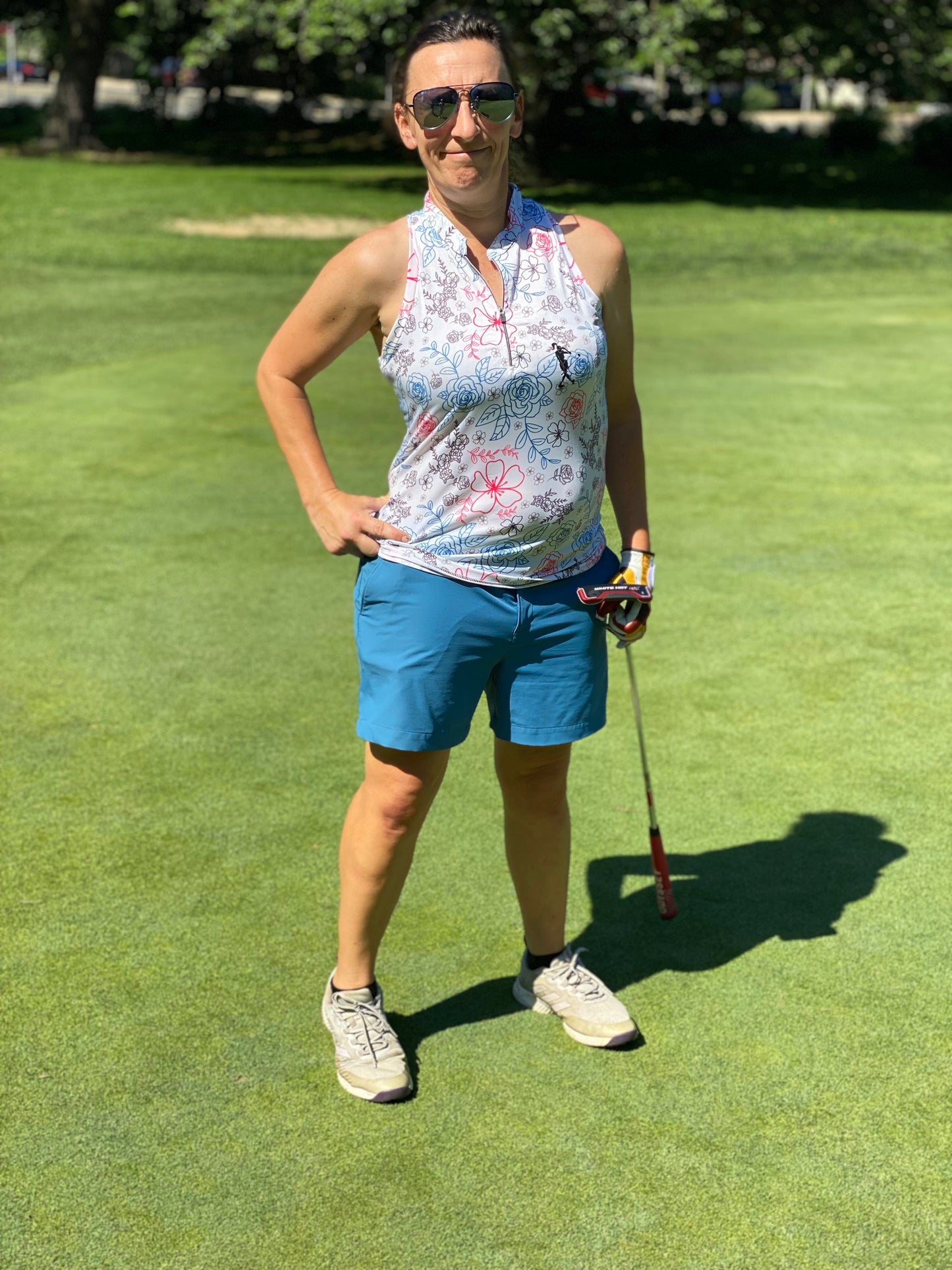 White Neon Rose Women's Golf Sleeveless Zip Polo